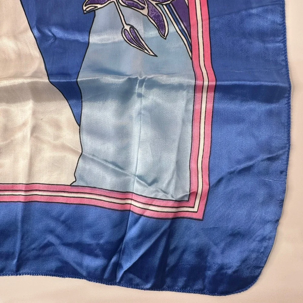 Vintage Blue Floral Satin Square Scarf Large Orchid Print 80s 90s Art Deco 36